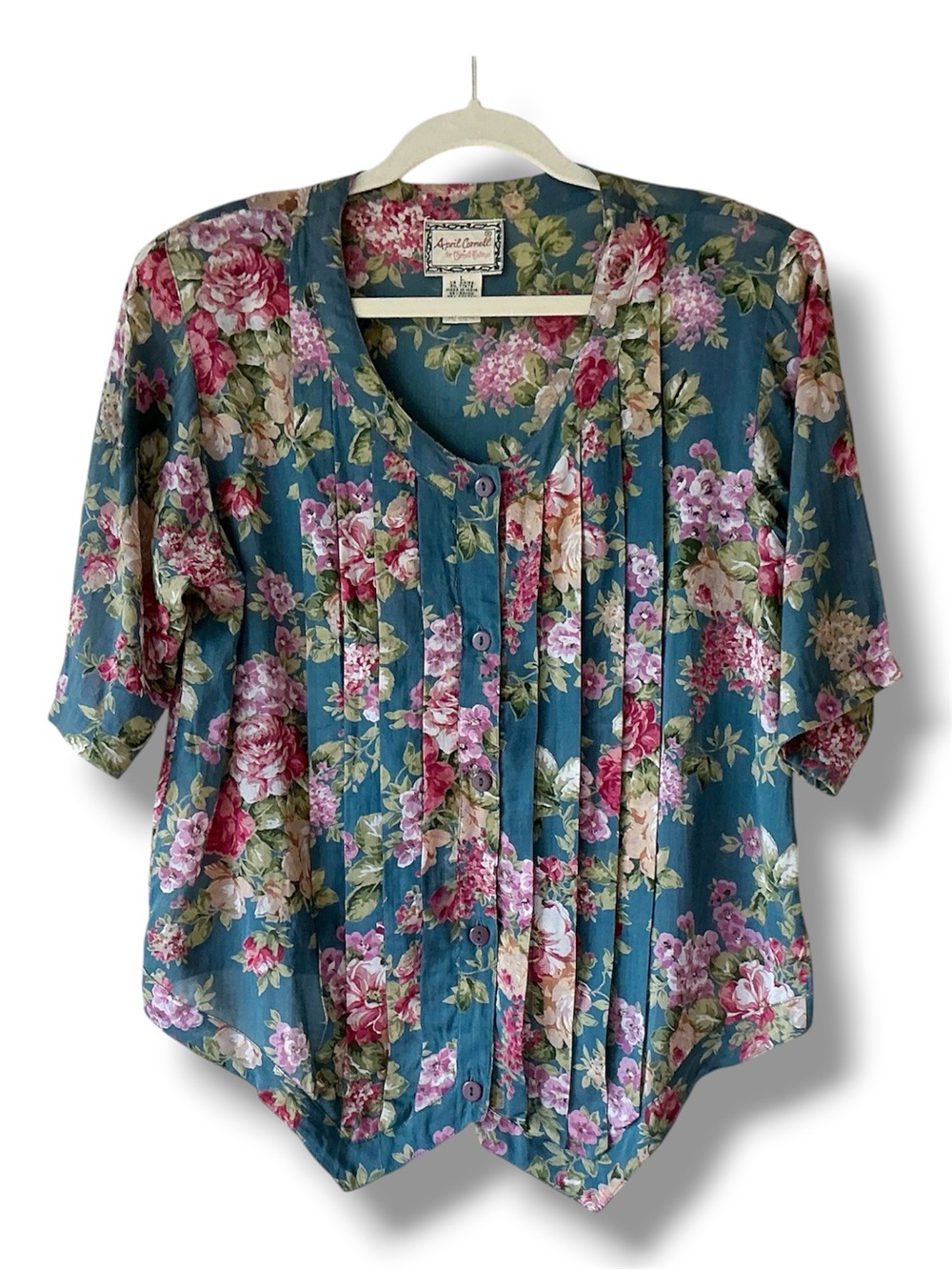 Vintage April Cornell Floral Pleated Front Blouse Size L